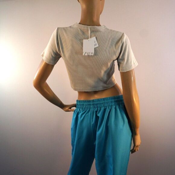 Zara Crop Top Womens Size L Beige Tee Shirt New - Picture 3 of 5